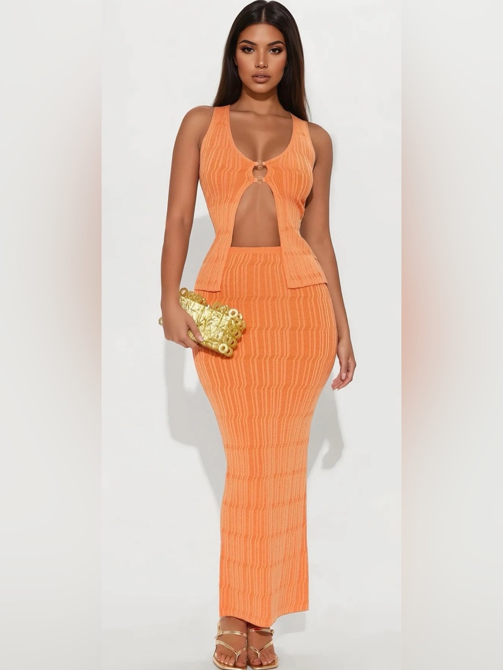 Fashion Nova Orange Ribbed Knit Cutout Midi Skirt Set